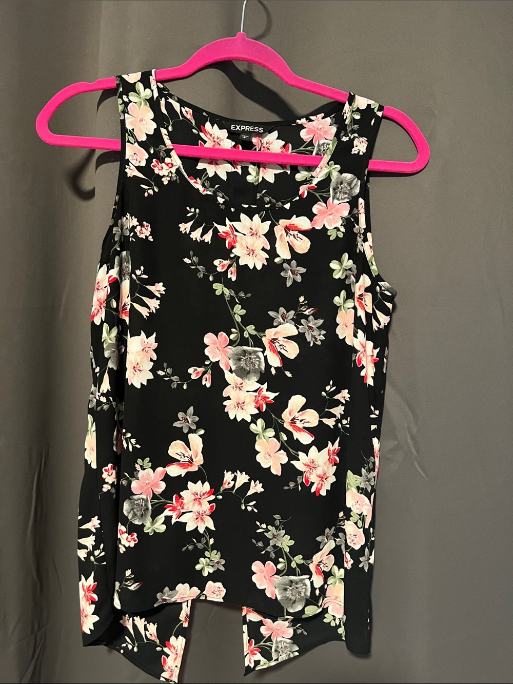 Express Black Floral Sleeveless Tank Top with Pink & Cream Blooms